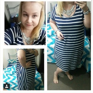 This striped shift dress is so simple and comfy (17 Sundays). I love how easily it is dressed up with a statement necklace (The Adorn Collective)